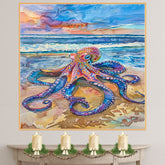 Watercolor Painting of a Colorful Octopus on Seashore with Ocean Waves and Dramatic Sky in Vibrant Coastal Sunset Scene on Ready to Hang 1.5" Thick Canvas Wrap, Floating Framed Canvas, Flat Rolled Canvas